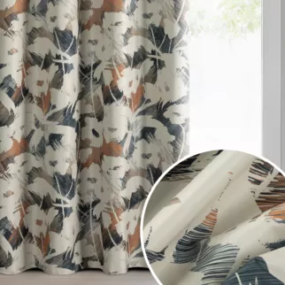 Zasłona beżowo granatowa, zdobiona motywem roślinnym 140x250 cm przelotki - AMBRA