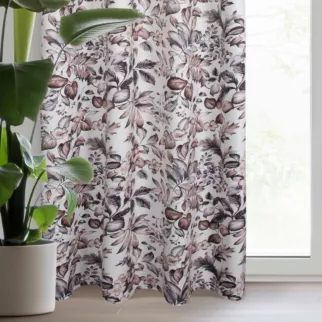 Zasłona biało, brązowa z welwetu z motywem malowanych liści i kwiatów 140x250 cm przelotka - HANA
