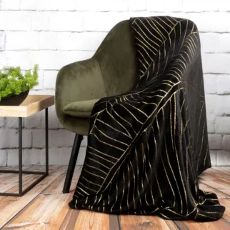 Koc 150x200 cm czarny ze złotym nadrukiem z motywem liści bananowca LUNA