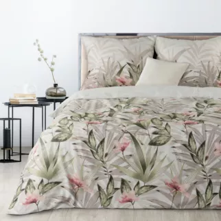 Pościel 220x200 cm komplet 3 częściowy z satyny bawełnianej kolor biało, zielony z nadrukiem egzotycznych liści i kwiatów EUROFIRANY CLASSIC SATIN SPRING 08
