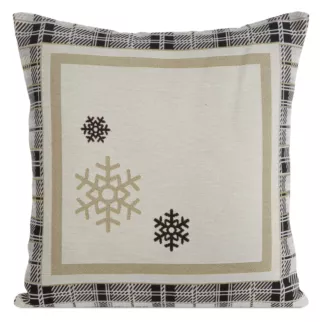 Poszewka na poduszkę 45x45 cm bawełniana, gobelinowa kolor naturalna z motywem kraty i złotych śnieżynek ANGEL