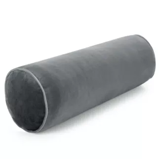 Poduszka dekoracyjna wałek 15 x 45 cm welwetowa grafitowa zdobiony kontrastującą lamówką GAJA