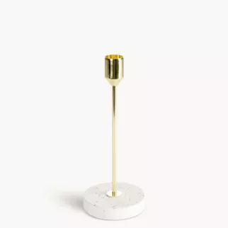 Świecznik dekoracyjny złoto, kremowy o smukłym uchwycie i kamiennej podstawie rozmiar 8x18 cm KORI