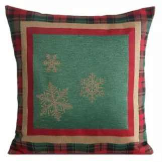 Poszewka na poduszkę 45x45 cm bawełniana, gobelinowa kolor zielony z motywem kraty i złotych śnieżynek STAR