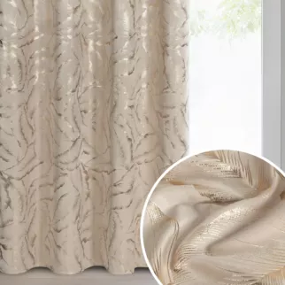 Zasłona beżowo, szampańska zdobiona nadrukiem liści 140x250 cm złota przelotka - MILENA