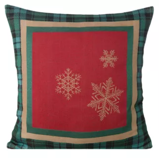Poszewka na poduszkę 45x45 cm bawełniana, gobelinowa czerwona z motywem kraty i złotych śnieżynek CHERRY
