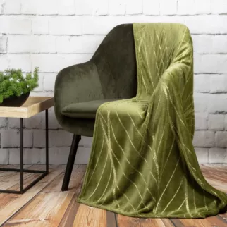 Koc 150x200 cm oliwkowy ze złotym nadrukiem z motywem liści lotosu LOTOS