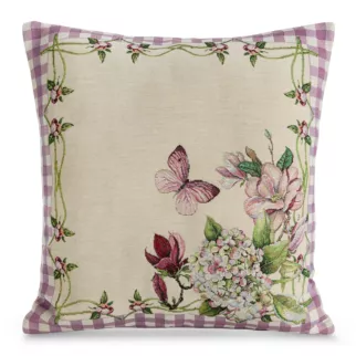 Poszewka na poduszkę 45x45 cm bawełniana, gobelinowa beżowo, różowa z kwiatowym motywem GOB