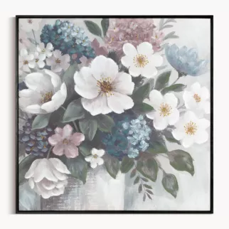 Obraz kremowo, zielony ręcznie malowane kwiaty na płótnie z błyszczącymi akcentami 80x80 cm