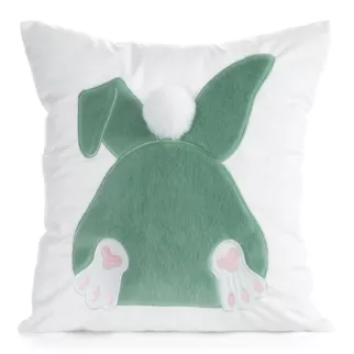 Wielkanocna poszewka na poduszkę 45x45 cm welwetowa z uroczym zajączkiem biało, szałwiowa WIOSNA 129