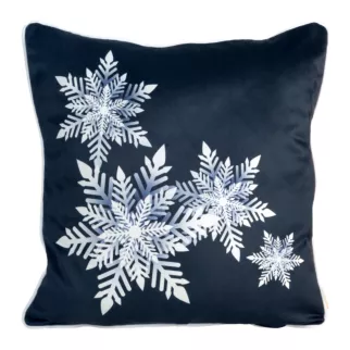 Poszewka na poduszkę 60x60 cm welwetowa, granatowo biała zdobiona nadrukiem ze śnieżynkami CAROL