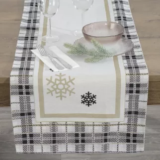 Bieżnik na stół naturalno, czarny 45x140 cm gobelinowy ANGEL z motywem kraty i śnieżynek