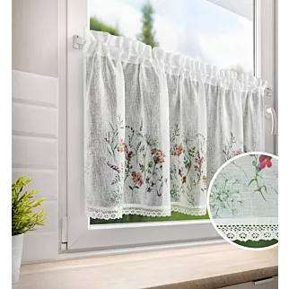 Zazdrostka biało, zielona z etaminy z nadrukiem letnich polnych kwiatów i bawełnianą koronką 150x60 cm tunel SYLWIA