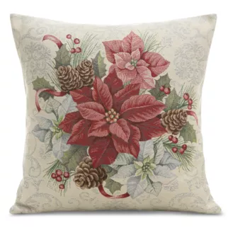 Poszewka na poduszkę 45x45 cm gobelinowa naturalno, czerwona z motywem świątecznym GOB