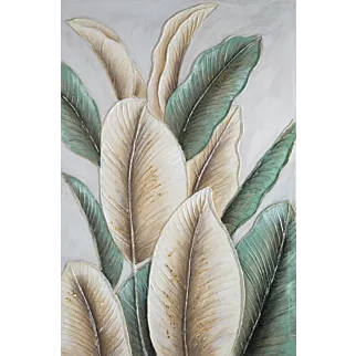 Obraz roślinny beżowo, zielony ręcznie malowane na płótnie 60x90 cm