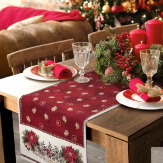 Bieżnik na stół czerwono, beżowy 40x100 cm gobelinowy zdobiony wzorem świątecznym