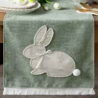 Wielkanocny bieżnik na stół 40x140 cm zielono, beżowy zdobiony zajączkiem i frędzlami - WIOSNA