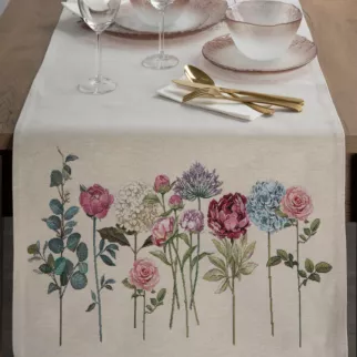 Bieżnik na stół naturalno, ciemnoróżowy 50x110 cm gobelinowy z nadrukiem letnich kwiatów