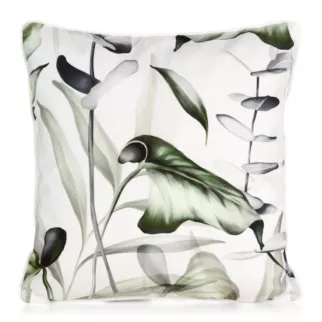 Poszewka na poduszkę 45x45 cm welwetowa, biało oliwkowa zdobiona nadrukiem liści monstery ELLEN DESIGN 91