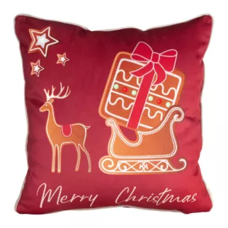 Poszewka na poduszkę 60x60 cm welwetowa, czerwona ze świątecznym motywem pierników GINGER
