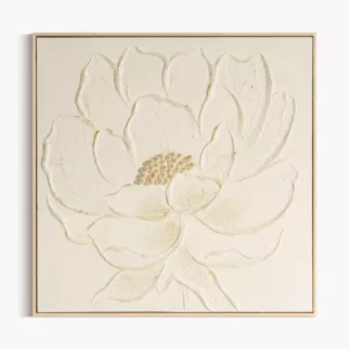 Obraz kremowo, zloty ręcznie malowany na płótnie z motywem kwiatów oprawiony w ramę 62x62 cm