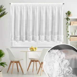 Firana biała z siateczki zdobiona aplikacją 3D w róże 350x160 cm taśma - ROSES3 - Eva Minge