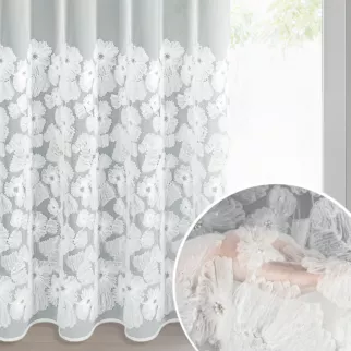 Zasłona biała z siateczki zdobiona kwiatami z dodatkiem drobnych perełek 3D 140x250 cm przelotka - JASMIN Eva Minge