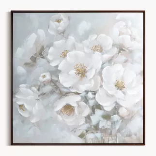 Obraz kremowo, błękitny ręcznie malowany w bukiet subtelnych kwiatów na płótnie 80x80 cm