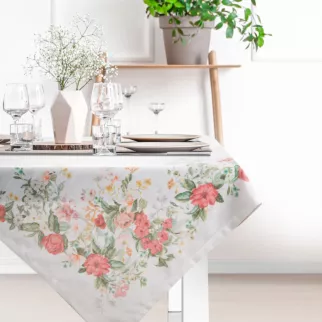Bieżnik na stół naturalno, różowy 90x90 cm SUMMER 12 zdobiony nadrukiem letnich kwiatów