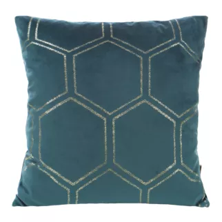 Poszewka na poduszkę 45x45 cm welwetowa ciemnoturkusowa ze złotym wzorem plastra miodu BLINK
