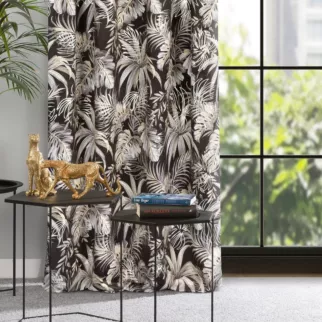 Zasłona czarno, srebrna w liście ze srebrnym akcentem,welwetowa 140x270 cm taśma - RODOS