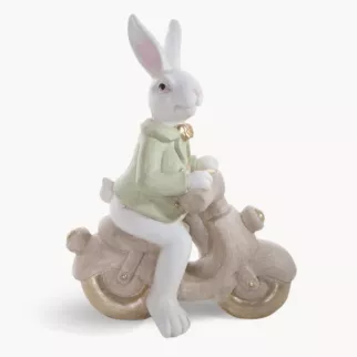 Wielkanocna figurka dekoracyjna uroczego zajączka na skuterku w miętowo, beżowej kolorystyce