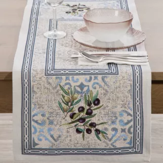 Bieżnik na stół naturalno, niebieski 40x100 cm gobelinowy w stylu śródziemnomorskim