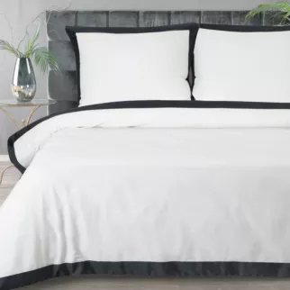 Pościel 220x200 cm komplet 3 częściowy z satyny bawełnianej kolor biały, czarny z kontrastującym obszyciem LAURA