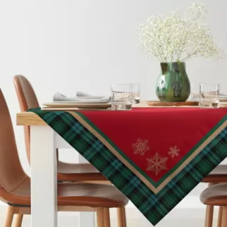 Bieżnik na stół czerwono, zielony 90x90 cm gobelinowy CHERRY z motywem złotych śnieżynek i ozdobną kantą w kratę