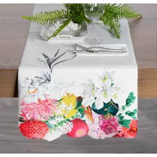 Bieżnik na stół naturalno, czerwony 40x140 cm SUMMER 3 z nadrukowanym motywem kwitnących kwiatów