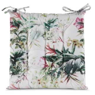 Poduszka na krzesło 40 x 40 x 5 cm  wodoodporna biało, zielona zdobione roślinnym wzorem GARDEN