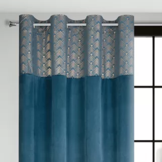 Zasłona niebieska ze złotym wzorem z błyszczącego welwetu 140x250 cm przelotka - ELEN