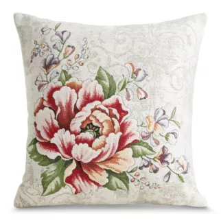 Poszewka na poduszkę 45x45 cm z tkaniny gobelinowej z szenilową nicią z motywem kwiatów czerwono naturalna