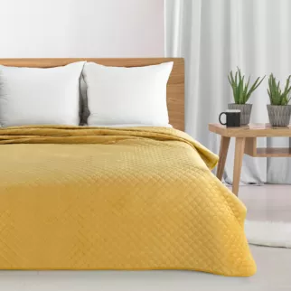 Narzuta welwetowa musztardowa 220x240 cm pikowana metodą hot press z motywem rybiej łuski ARIEL Eurofirany Classic