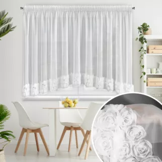 Firana biała z siateczki zdobiona łukiem 3D róż 400x160 cm taśma - ROSES4 - Eva Minge