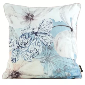 Poszewka na poduszkę 45x45 cm welwetowa, niebiesko beżowa, dwustronna z motywem kwiatów VELVET 126 Eurofirany Premium