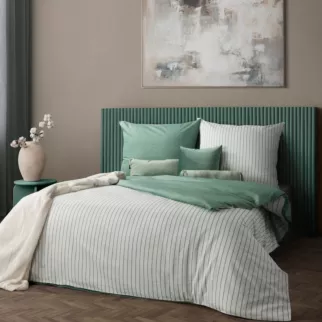 Pościel 140x200 cm komplet 2 częściowy z satyny bawełnianej kolor biało, miętowy w paseczki RAYA