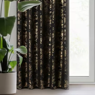 Zasłona welwetowa czarna zdobiona nadrukiem liści 140x270 cm taśma - FELIS