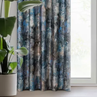 Zasłona welwetowa turkusowo, granatowa zdobiona nadrukiem przecieranym 140x270 cm taśma - ESTER