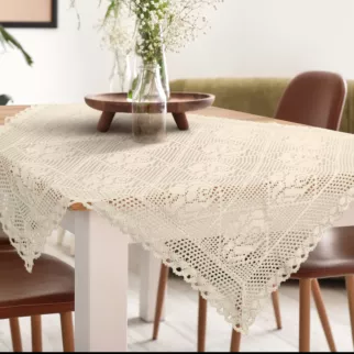 Bieżnik na stół 85x85 cm  jasnobeżowy ażurowy ROSALY w stylu boho