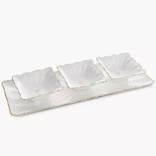 Patera ceramiczna dekoracyjna kremowo-złota z trzema miseczkami zdobiona wypukłym wzorem 42x16x2 cm GAIA