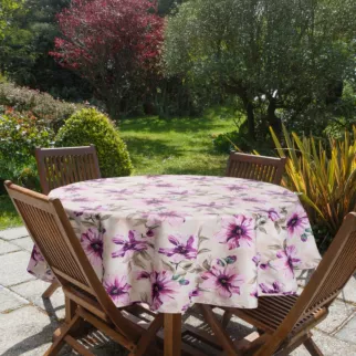 Obrus okrągły kremowo, różowy średnica 150 cm wodoodporny GARDEN na taras oraz balkon
