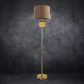 Lampa stojąca do pokoju ciemnobrązowo, złota LEONA z matowym abażurem o widocznym splocie