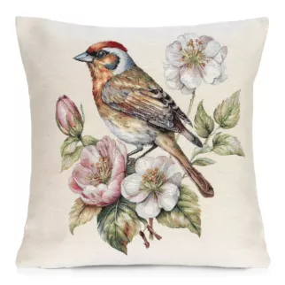 Poszewka na poduszkę 45x45 cm gobelinowa naturalno beżowa z tkanym motywem uroczego ptaszka